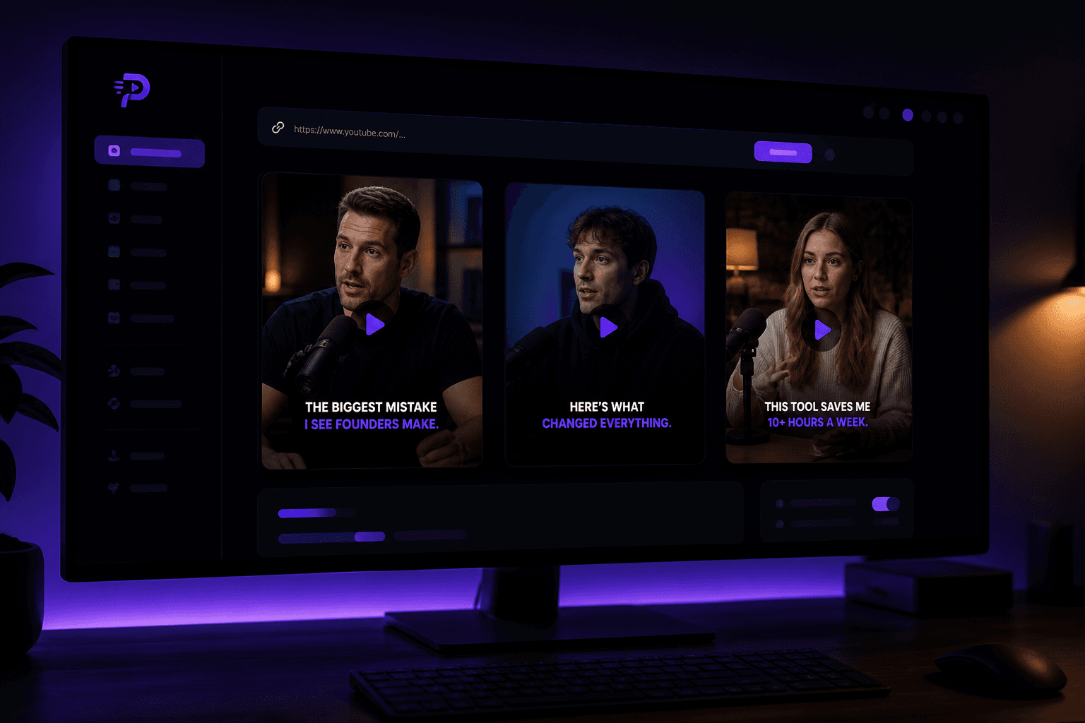 Studio PulseTrim pe un monitor: dintr-un video lung apar clipuri verticale gata de publicat